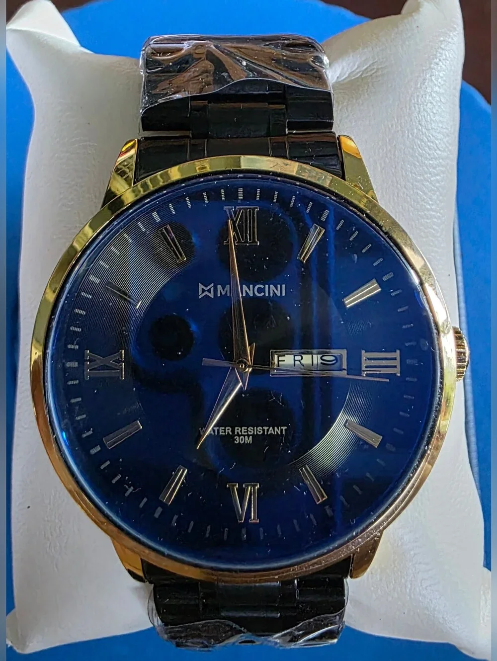 Mancini Men’s Blue Dial Gold Tone Quartz Watch Day/Date 30M Black Bracelet New